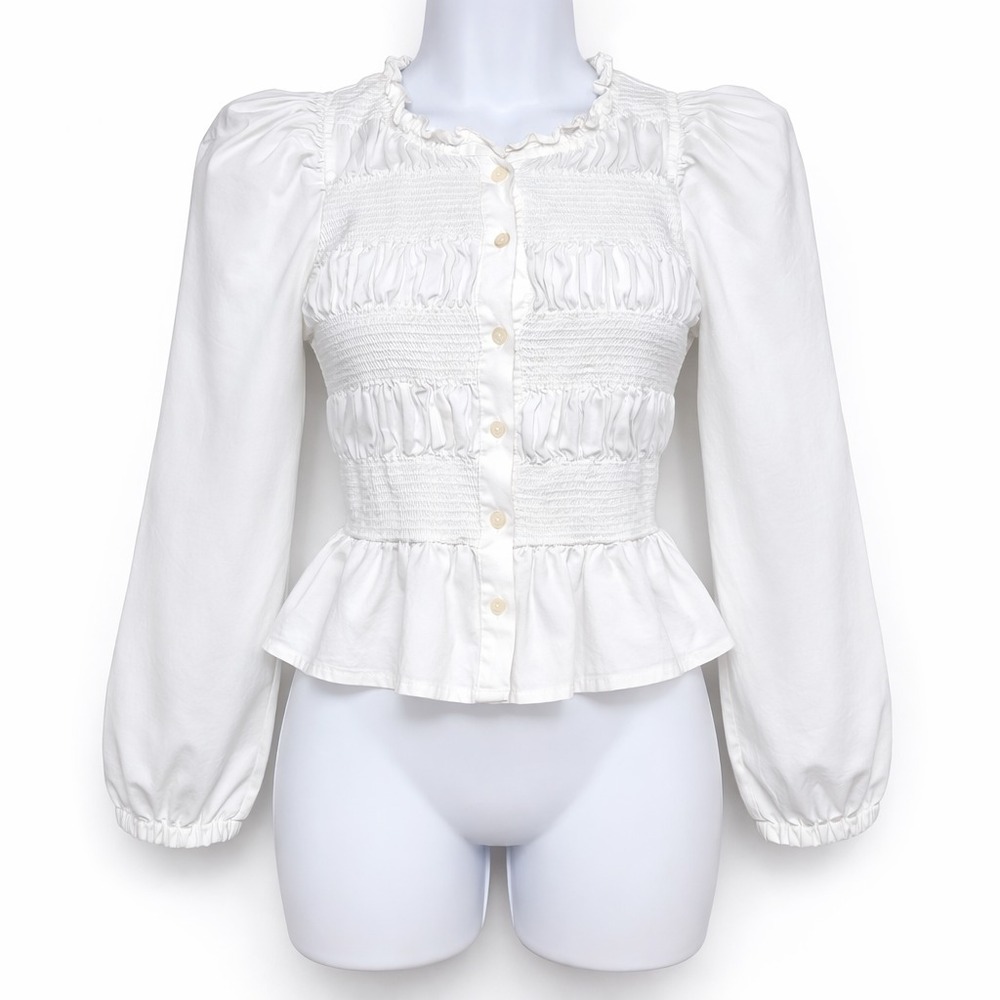 Zara White Smocked Puff Sleeve Peplum‎ Blouse Cotton Cottagecore S